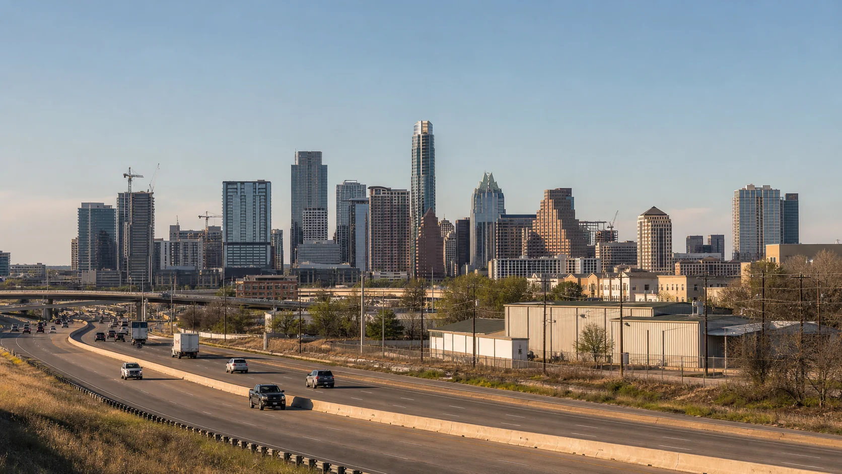 Austin skyline beyond a highway and industrial buildings