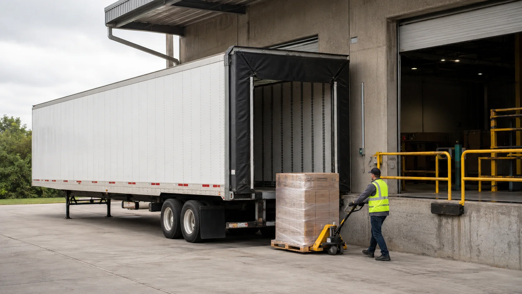Warehouse worker guiding a wrapped pallet beside an unbranded trailer at a loading dock