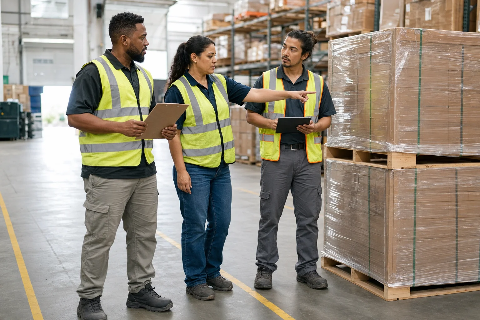 Three warehouse professionals discussing a pallet handoff
